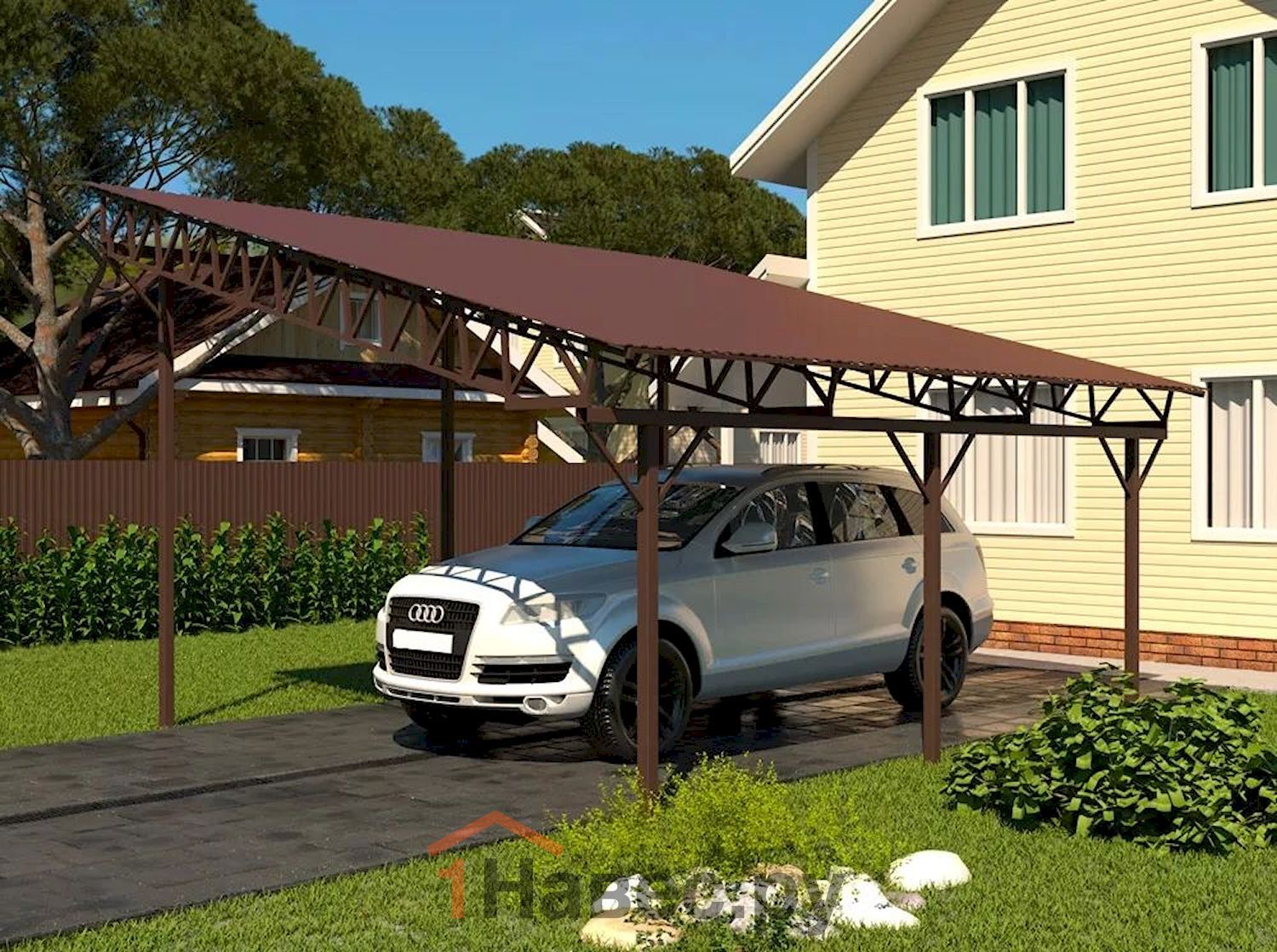 Односкатный навес из профнастила дла дома и дачи